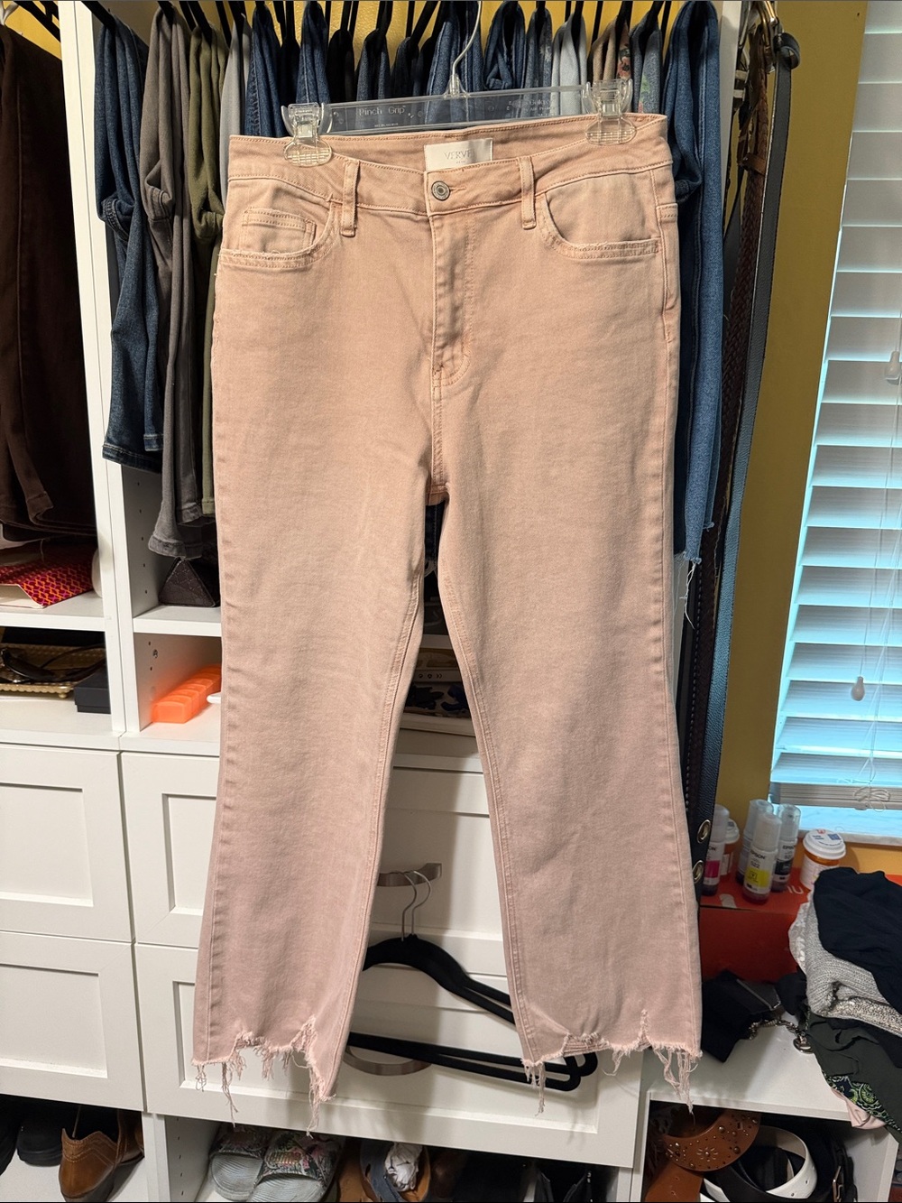 Straight-Leg Pink Raw-Hem Jeans — Women's Casual Fit